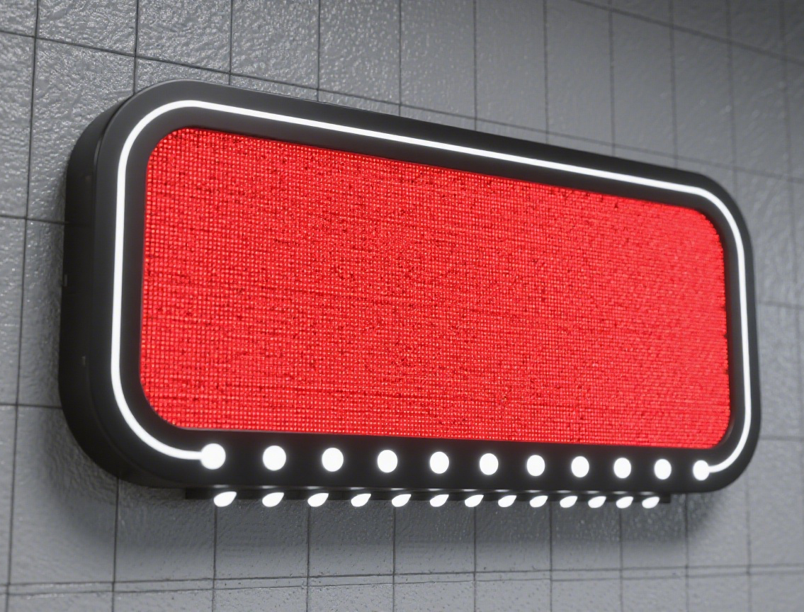 Red LED sign with black frame and white accent lights mounted on tiled wall