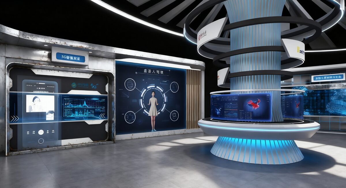 A futuristic LED showroom showcasing various digital displays. On the left, a screen labeled "5G融合发展" (5G Integrated Development) features mobile interface graphics. The center screen displays a diagram of "智慧人像" (Intelligent Portrait) with a human figure. A large, circular display stand with blue lighting in the foreground shows dynamic data visualizations and maps.